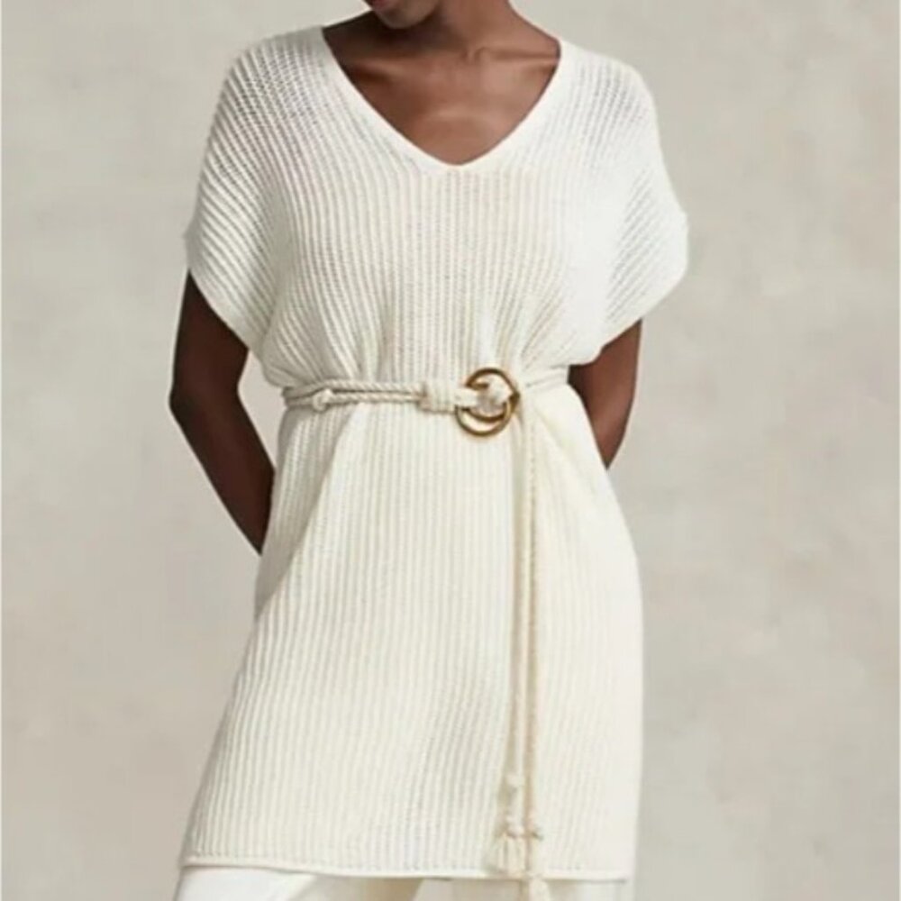 Polo Ralph Lauren Open-Stitch Merino Wool Tunic Ivory SZ S NEW $298